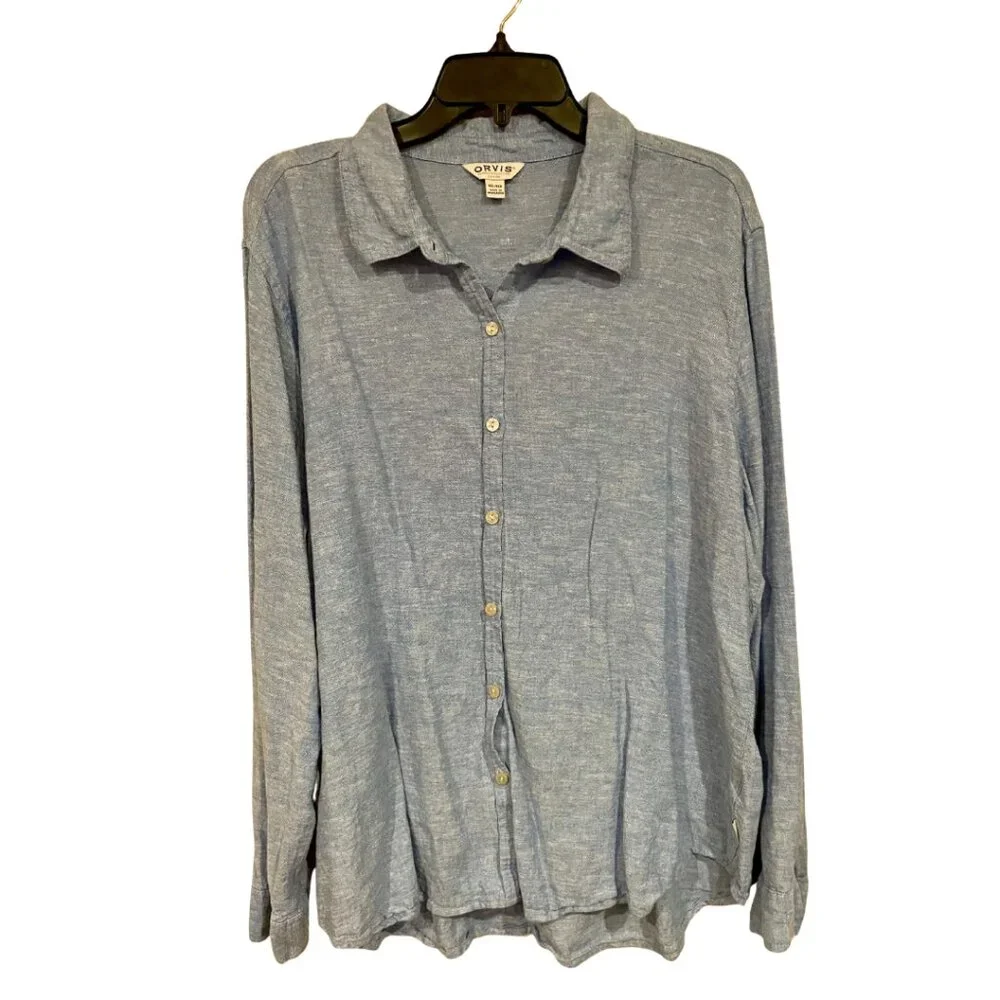Orvis Blue Linen Blend Long Sleeve Blue Button Front Shirt Womens 2XL Casual